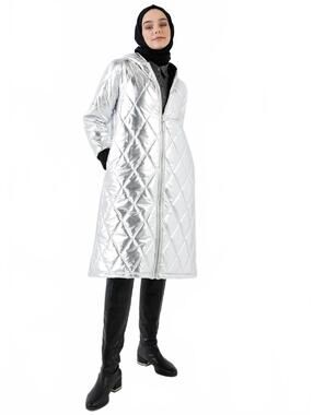 Metallic Quilted Long Puffer Coat with Hood, Size 10